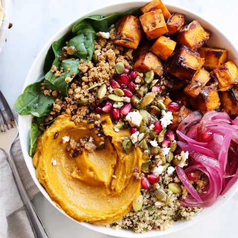 Cozy Spiced Winter Bowls with roasted veggies, ube-coconut purée, and pistachios.  