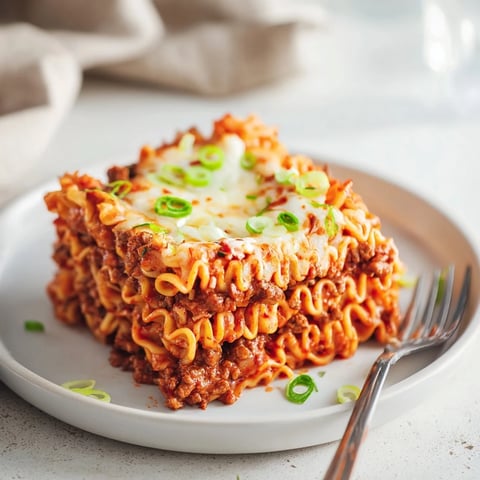 A mouthwatering Spicy Ramen Lasagna with layers of creamy cheese and savory pork.  