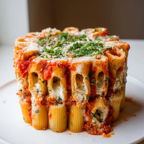 Golden Honeycomb Pasta Cake with gooey melted cheese and rich tomato sauce.  