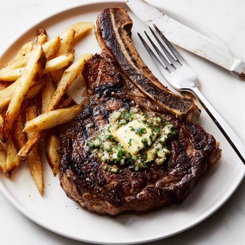 Perfectly seared Steakhouse Garlic Butter Steak served with crispy golden fries.  