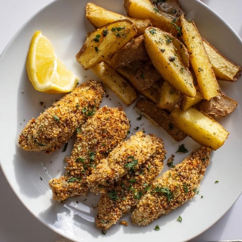 Juicy herbed chicken tenders plated alongside crispy potato wedges for a satisfying dinner.