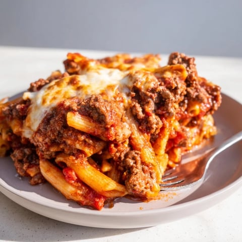 A bubbling Cheesy Beef & Penne Bake with golden cheese and savory tomato sauce.  