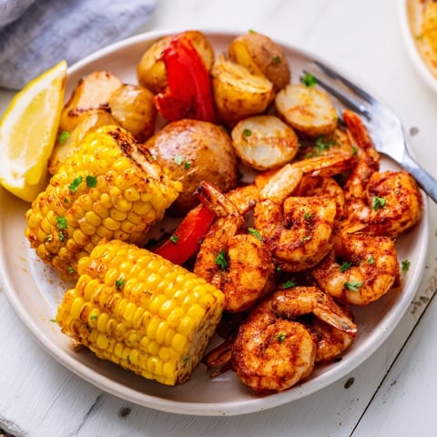 Spicy Cajun shrimp and vibrant sweet corn on a festive platter.  