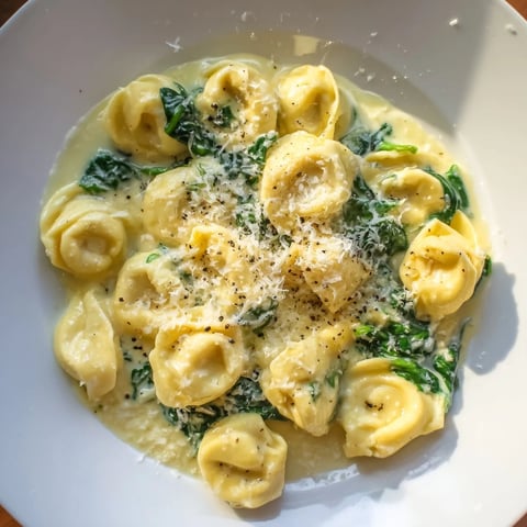 Creamy Spinach Alfredo Tortellini: a rich, comforting pasta dish featuring vibrant spinach and Parmesan cheese.