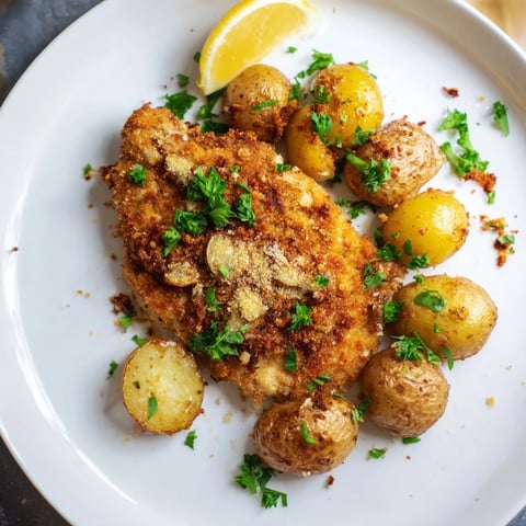 Golden, crispy Parmesan crusted chicken & potatoes, ready to serve with fresh parsley and lemon.