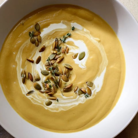 Warm, creamy roasted acorn squash soup, garnished with pepitas and thyme, ready to serve.