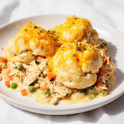 Golden, bubbly One-Pan Chicken Cobbler with a cheesy biscuit topping, steaming hot from the oven.