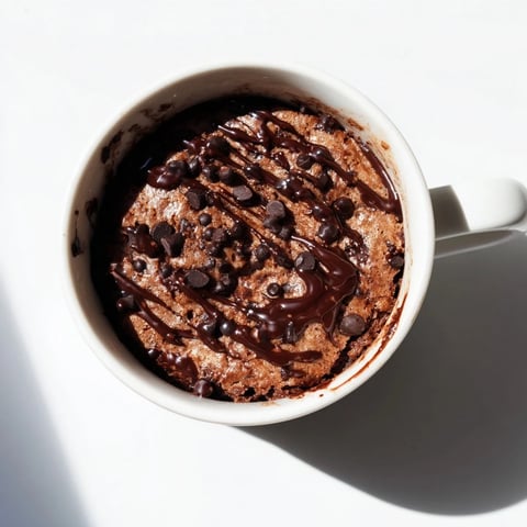 A warm, fudgy microwaved mug cake, ready to eat straight from the mug with chocolate chips.
