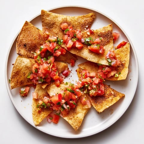 Golden brown air-fryer tortilla chips ready to be scooped up with vibrant homemade salsa.