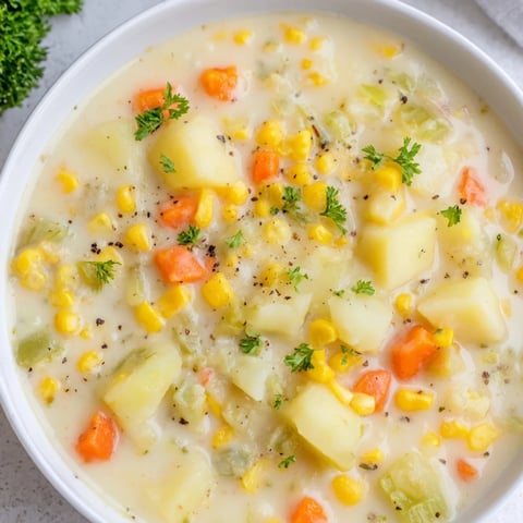 Creamy and chunky corn and potato chowder, a comforting bowl perfect for a chilly evening.