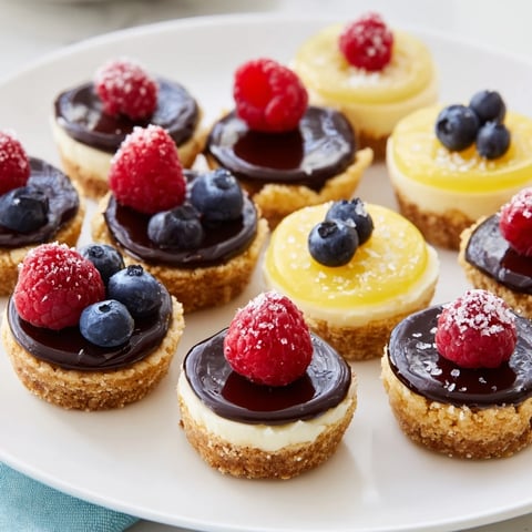 Mini Dessert Bites Trio: Close-up of creamy cheesecakes, chocolate tarts, and lemon curd desserts.