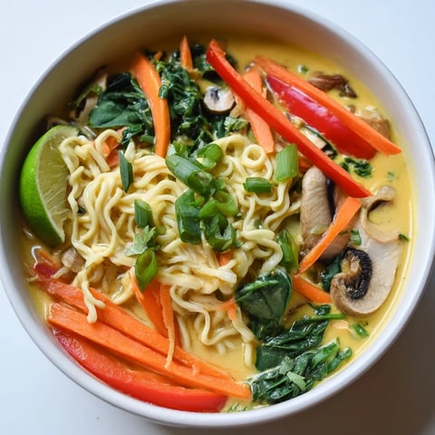 Steaming bowl of Curry Coconut Ramen, ready to be garnished with fresh cilantro and lime wedges.