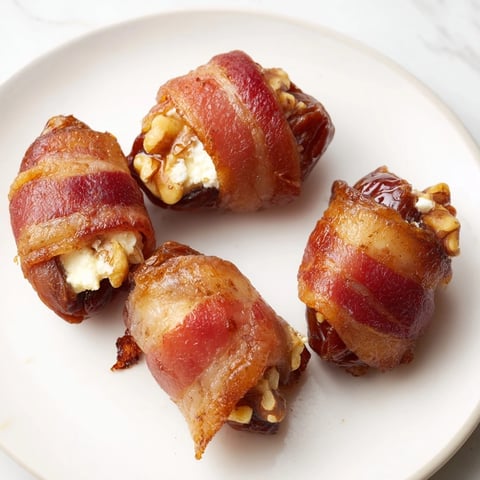 Golden brown bacon-wrapped dates stuffed with creamy cheese and nuts, a delightful appetizer.