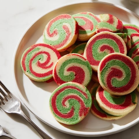 Festive holiday pinwheel cookies with red and green swirls, perfect for sharing at a winter cookie exchange.