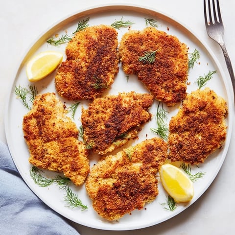 Golden, crispy Pickle-Brined Chicken Cutlets, served with fresh dill and a bright lemon wedge.