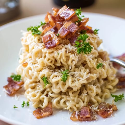 Carbonara Ramen Fusion: Creamy ramen noodles coated in rich cheese sauce, ready to eat.
