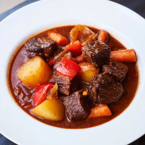 Tender beef stew with smoked paprika aroma, perfect for a cozy dinner on a cold evening.