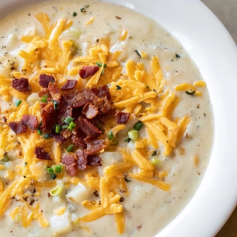 Crockpot Loaded Baked Potato Soup: a steaming bowl with crumbled bacon and cheese, rich and savory.