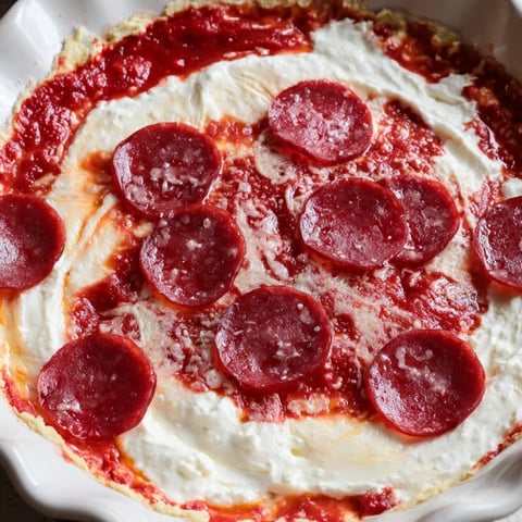 Warm and bubbly Pizza Dip, a cheesy, pepperoni-topped appetizer ready for dipping.