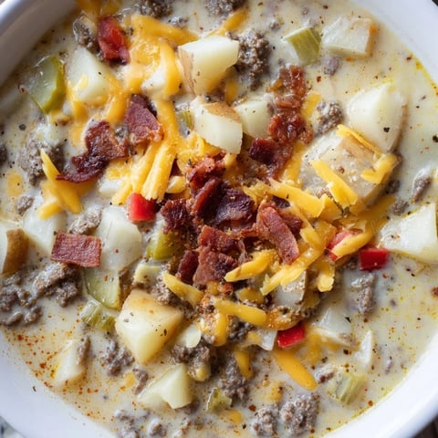 Steaming bowl of Crockpot Cheeseburger Soup: creamy, cheesy, and loaded with bacon for dinner.
