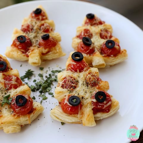 Golden, bubbly puff pastry Christmas Tree pizza bites, topped with cheese and cherry tomatoes, ready to serve warm.