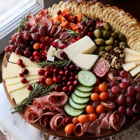 A Quick Christmas Charcuterie Wreath Board overflowing with colorful cheeses, meats, and fresh garnishes.