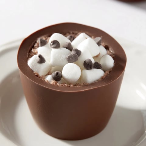 Melted semi-sweet chocolate cups brimming with hot cocoa mix and mini marshmallows create hot cocoa bomb cups.