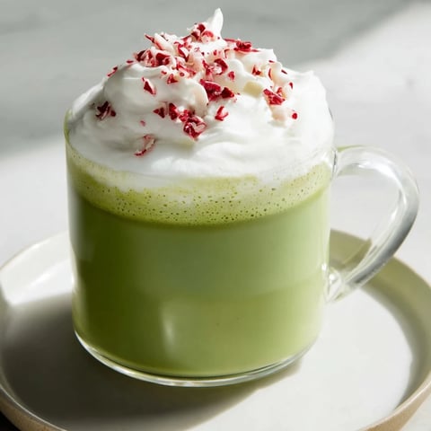 Steaming mug of Cozy Peppermint Matcha Christmas Latte topped with whipped cream and crushed peppermint.