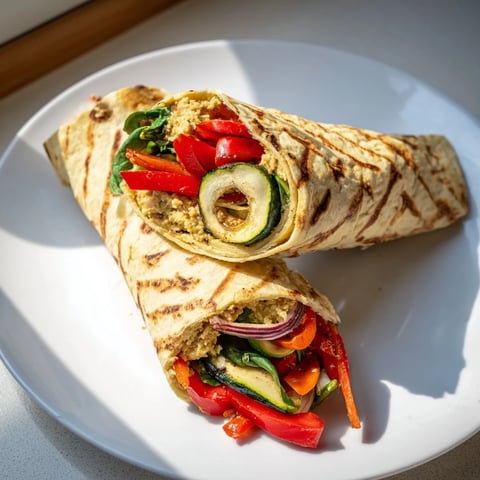 Snowflake Hummus & Roasted Veggie Wrap: a vibrant wrap bursting with colorful roasted vegetables and creamy hummus.