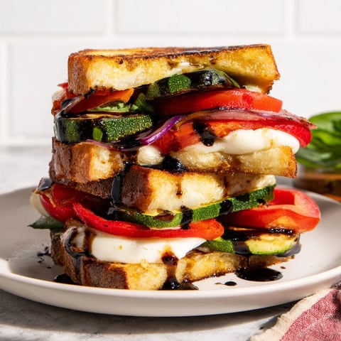 Sheet-pan roasted veggie caprese grilled cheese with golden, bubbly cheese and vibrant roasted vegetables.