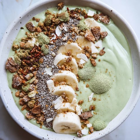 Creamy Gingerbread Cookie Matcha Breakfast Smoothie Bowl, topped with granola and candied ginger.