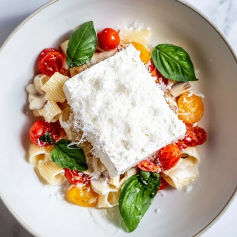 Baked Feta Snowfall Cherry Tomato Christmas Pasta, bubbling hot after baking, with colorful roasted tomatoes.