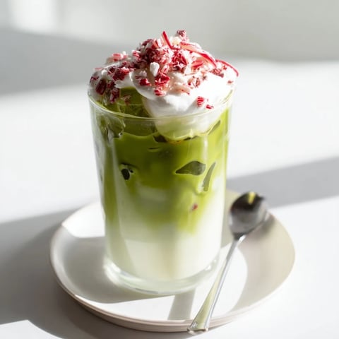 Sugar-Free White Chocolate Candy Cane Iced Matcha layered with bright green matcha and creamy white chocolate.