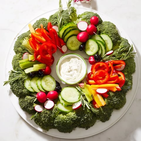 Festive Wreath Veggie Dip Platter featuring fresh, colorful vegetables and creamy ranch dip, ready to enjoy.