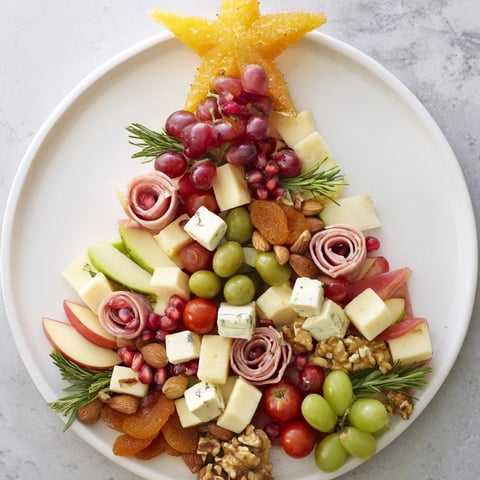 Festive Holiday Tree Appetizer Platter arranged with colorful cheeses, fruits, and meats, ready to wow guests.
