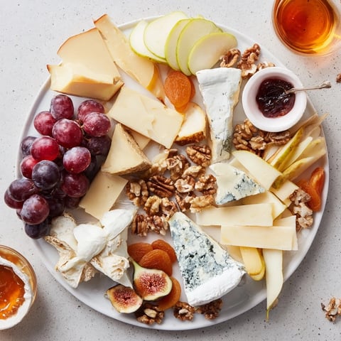 Beautifully arranged cheese platter cœur passion featuring grapes, nuts, and a variety of French cheeses.