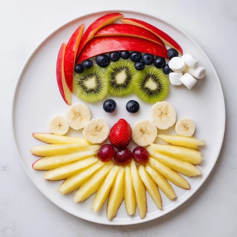 Vibrant Santa fruit platter with a juicy pineapple beard and fresh, colorful fruit.