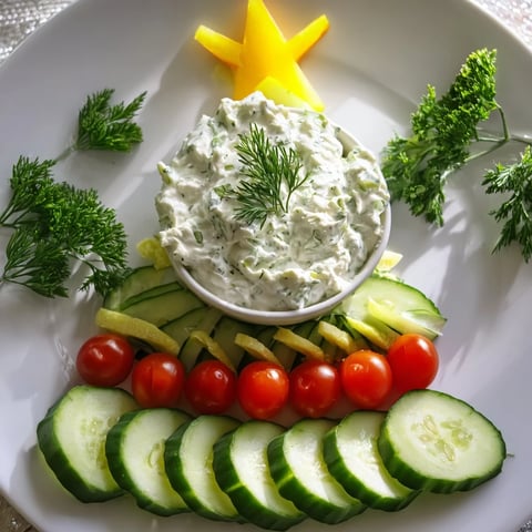 Vibrant Cucumber and Tomato Tree Dip Platter ready to serve, featuring creamy dip and colorful veggie arrangements.