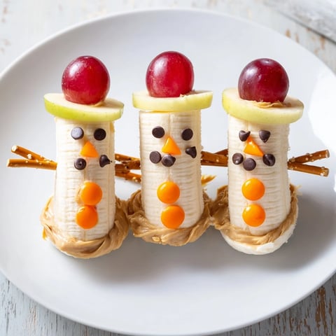 Adorable Banana Peanut Butter Snowmen arranged with chocolate chip eyes and pretzel arms for a fun snack.