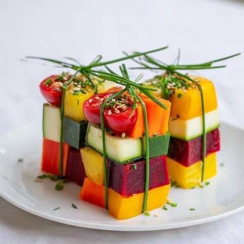 Vibrant stacked gift box veggie cubes, a colorful assortment of fresh, healthy ingredients on a platter.