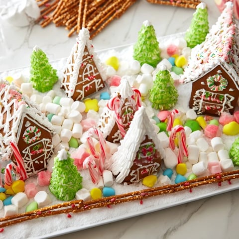 Detailed gingerbread village dessert spread featuring decorated gingerbread cookies and colorful candies.