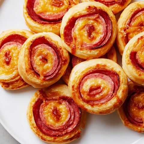 Golden, flaky Sliced Cheddar and Salami Scrolls, showing the savory filling bursting through.