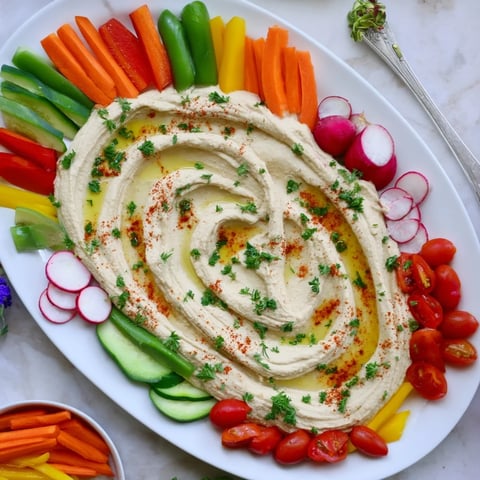 Vibrant vegetables arranged like tributaries flow into the creamy hummus river in this River Delta Flow.