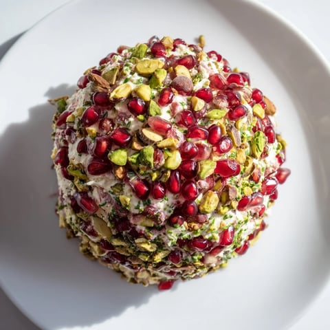 A perfect The Royal Orb cheese ball coated in ruby pomegranate and chopped pistachios for a festive appetizer.