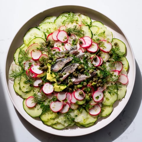Cucumber and Tinned Fish Date Night Salad: a refreshing and colorful salad layered with creamy avocado and sardines.
