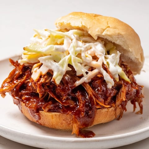 Steaming BBQ jackfruit sliders piled high with coleslaw, ready for a delicious vegan meal.