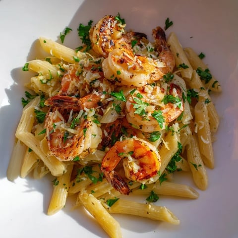 Steaming Garlic Shrimp Penne topped with fresh parsley, ready to enjoy a satisfying Italian meal.