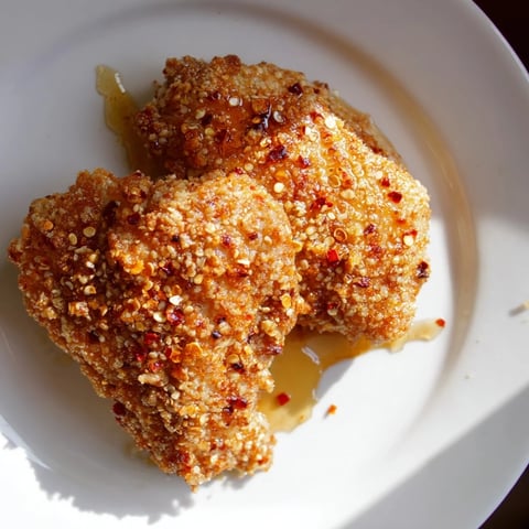 Golden, crispy Hot Honey Crispy Chicken Thighs, drizzled with sweet and spicy hot honey sauce.