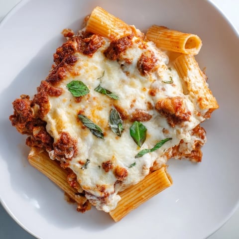 Steaming hot Cheesy Baked Ziti with bubbly mozzarella cheese and red marinara sauce, ready to serve.