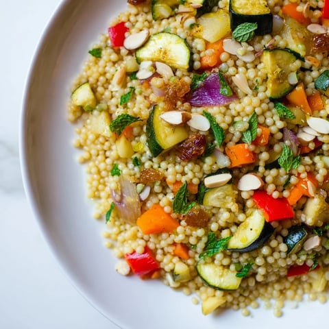 Vibrant Moroccan Couscous Salad with roasted vegetables and fresh herbs for a flavorful lunch.